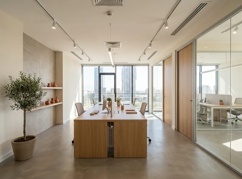 Bayraklı ofis tadilatı sonrası modern iç mekan